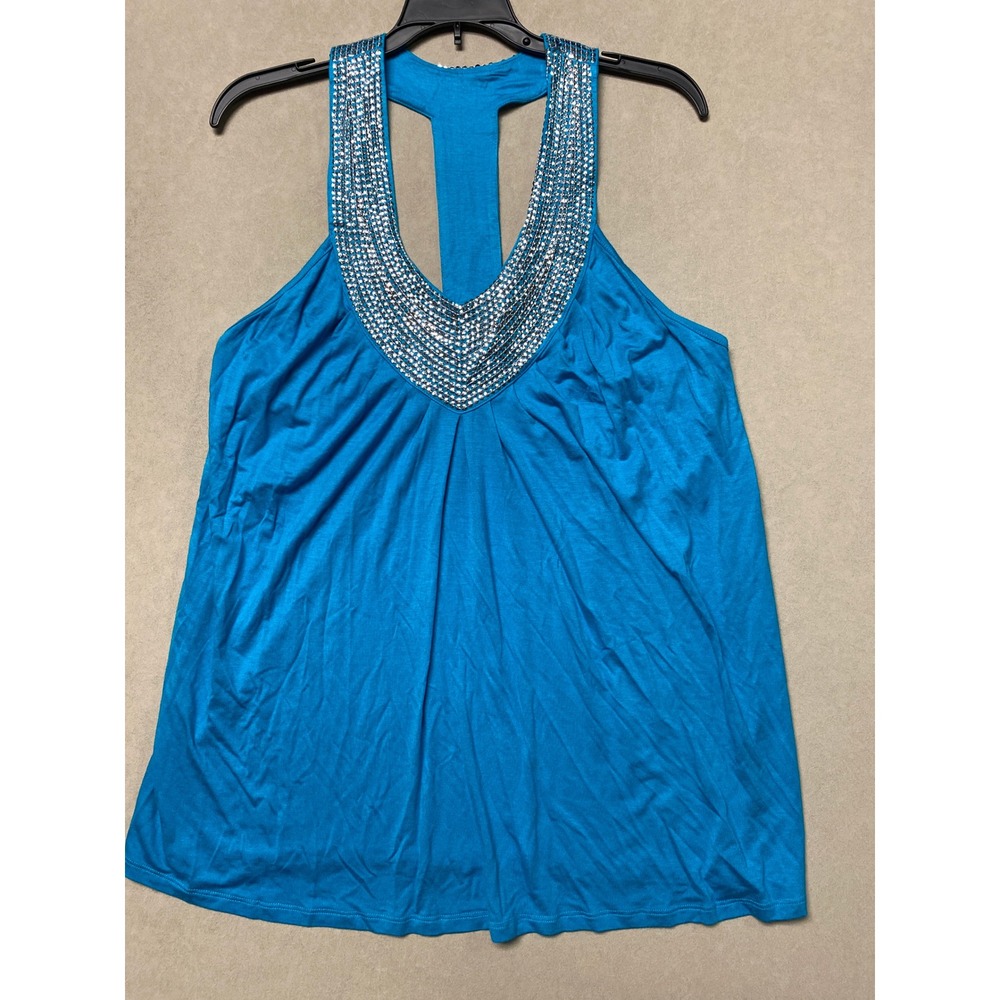 S. Oliver Blue Sequin V-Neck Racerback Tank Top XL Turquoise T-Strap Sleeveless